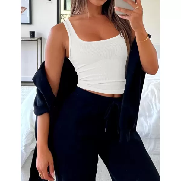 imageZESICA Womens Summer Causal Ribbed Crop Tank Tops Sleeveless Square Neck Slim Fitted Basic Cami Tee ShirtsWhite