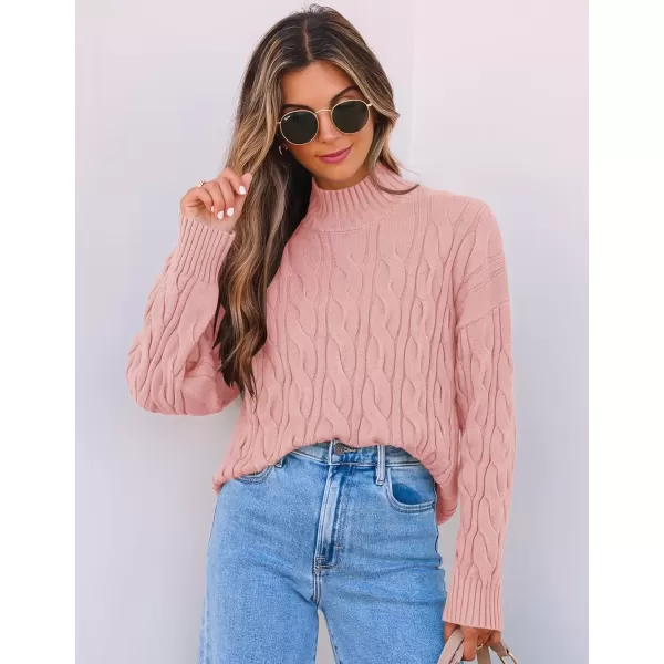 imageZESICA Womens Sweaters 2024 Fall Winter Long Sleeve Mock Neck Solid Color Casual Loose Chunky Pullover SweaterPink