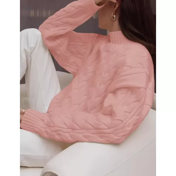 imageZESICA Womens Sweaters 2024 Fall Winter Long Sleeve Mock Neck Solid Color Casual Loose Chunky Pullover SweaterPink