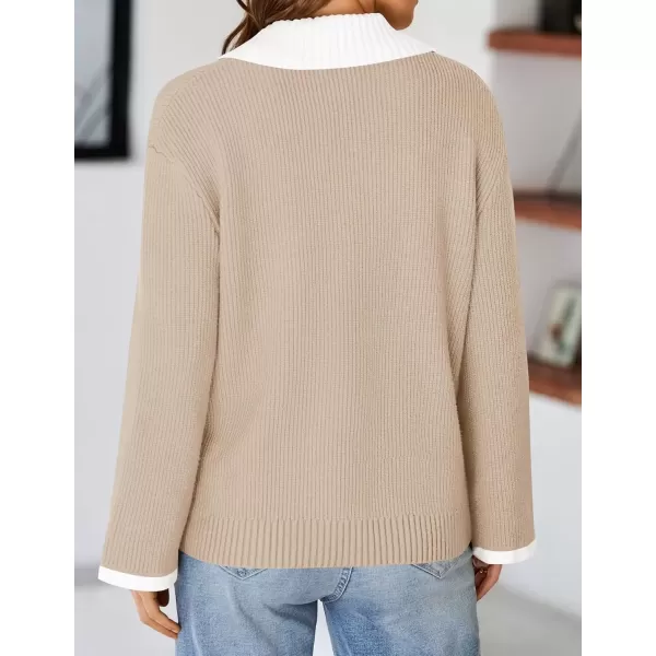 imageZESICA Womens V Neck Sweater 2024 Long Sleeve Oversized Casual Collared Knit Pullover Jumper TopsApricot