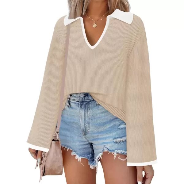 imageZESICA Womens V Neck Sweater 2024 Long Sleeve Oversized Casual Collared Knit Pullover Jumper TopsApricot