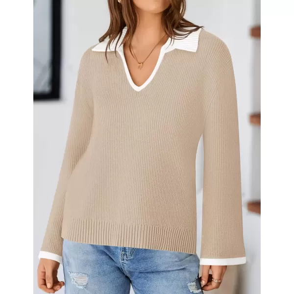 imageZESICA Womens V Neck Sweater 2024 Long Sleeve Oversized Casual Collared Knit Pullover Jumper TopsApricot