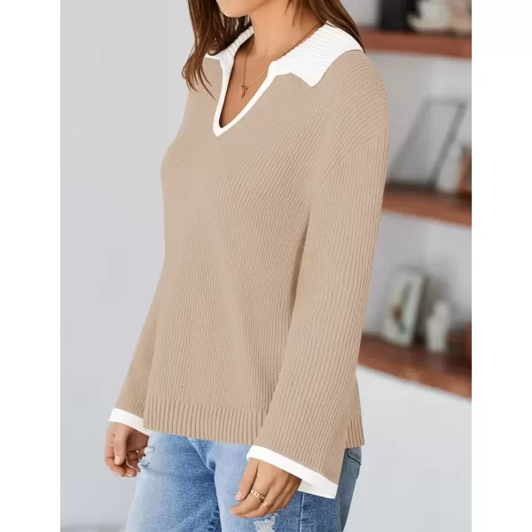 imageZESICA Womens V Neck Sweater 2024 Long Sleeve Oversized Casual Collared Knit Pullover Jumper TopsApricot
