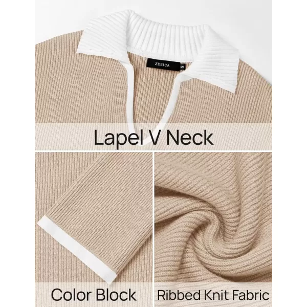 imageZESICA Womens V Neck Sweater 2024 Long Sleeve Oversized Casual Collared Knit Pullover Jumper TopsApricot