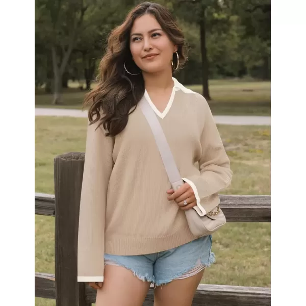 imageZESICA Womens V Neck Sweater 2024 Long Sleeve Oversized Casual Collared Knit Pullover Jumper TopsApricot