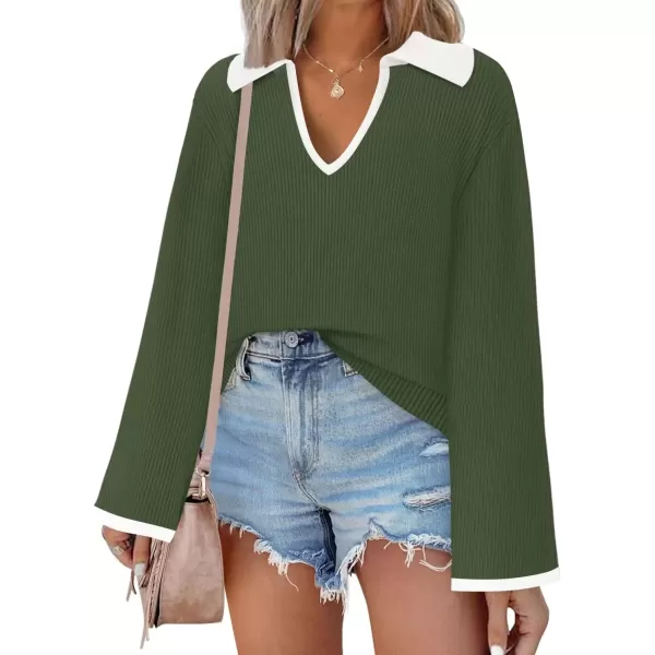 imageZESICA Womens V Neck Sweater 2024 Long Sleeve Oversized Casual Collared Knit Pullover Jumper TopsArmy Green