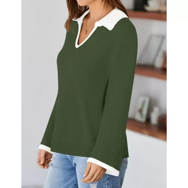 imageZESICA Womens V Neck Sweater 2024 Long Sleeve Oversized Casual Collared Knit Pullover Jumper TopsArmy Green