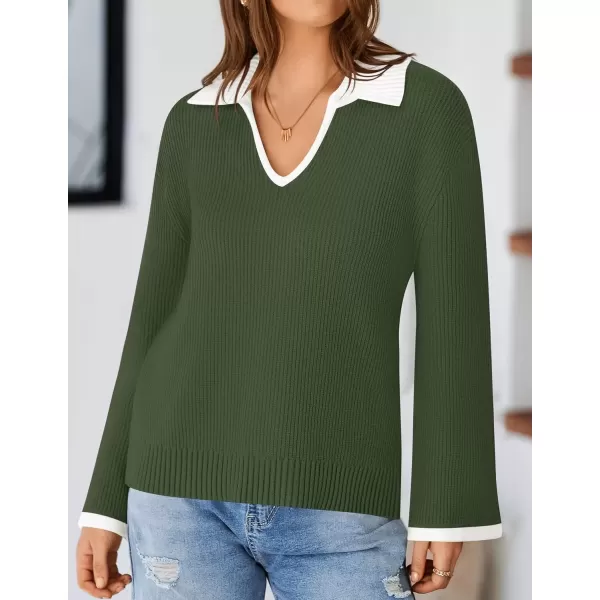 imageZESICA Womens V Neck Sweater 2024 Long Sleeve Oversized Casual Collared Knit Pullover Jumper TopsArmy Green