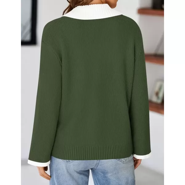 imageZESICA Womens V Neck Sweater 2024 Long Sleeve Oversized Casual Collared Knit Pullover Jumper TopsArmy Green