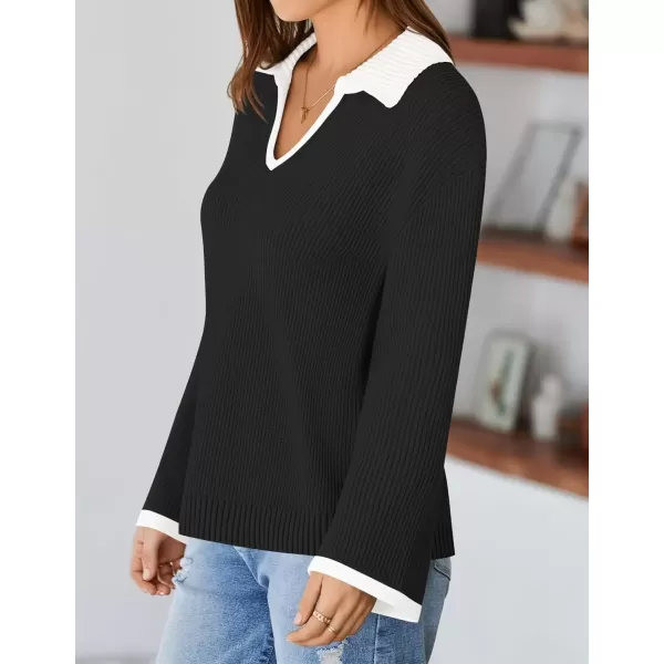 imageZESICA Womens V Neck Sweater 2024 Long Sleeve Oversized Casual Collared Knit Pullover Jumper TopsBlack
