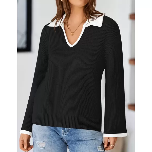 imageZESICA Womens V Neck Sweater 2024 Long Sleeve Oversized Casual Collared Knit Pullover Jumper TopsBlack