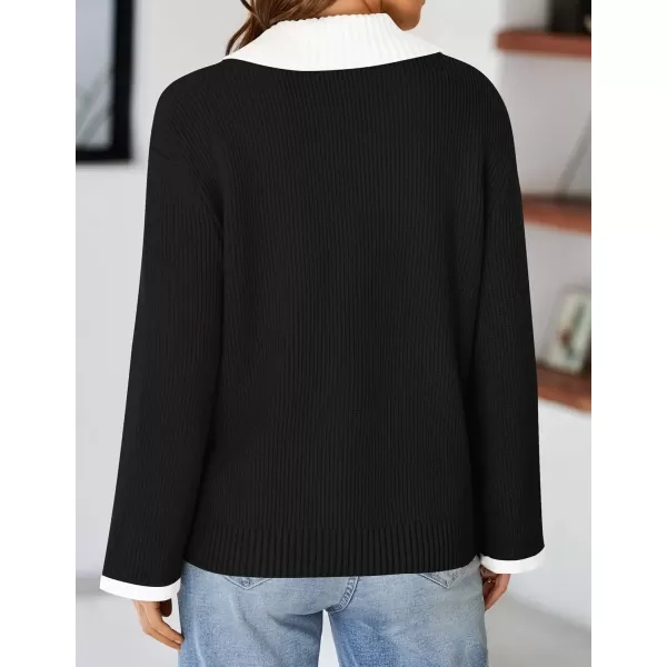 imageZESICA Womens V Neck Sweater 2024 Long Sleeve Oversized Casual Collared Knit Pullover Jumper TopsBlack
