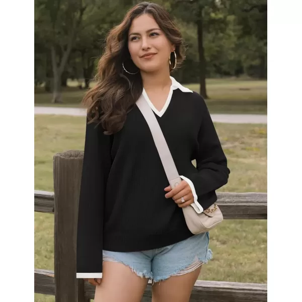 imageZESICA Womens V Neck Sweater 2024 Long Sleeve Oversized Casual Collared Knit Pullover Jumper TopsBlack