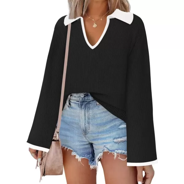 imageZESICA Womens V Neck Sweater 2024 Long Sleeve Oversized Casual Collared Knit Pullover Jumper TopsBlack