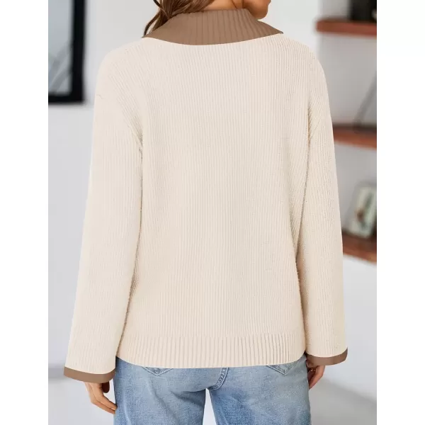 imageZESICA Womens V Neck Sweater 2024 Long Sleeve Oversized Casual Collared Knit Pullover Jumper TopsCream
