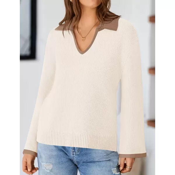 imageZESICA Womens V Neck Sweater 2024 Long Sleeve Oversized Casual Collared Knit Pullover Jumper TopsCream