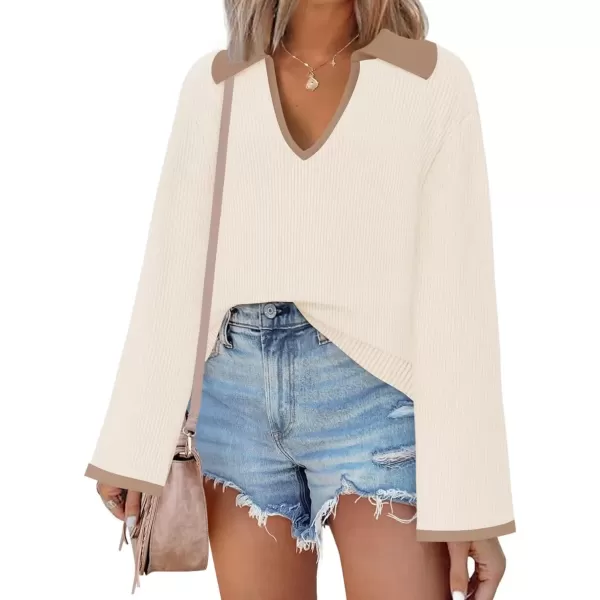 imageZESICA Womens V Neck Sweater 2024 Long Sleeve Oversized Casual Collared Knit Pullover Jumper TopsCream
