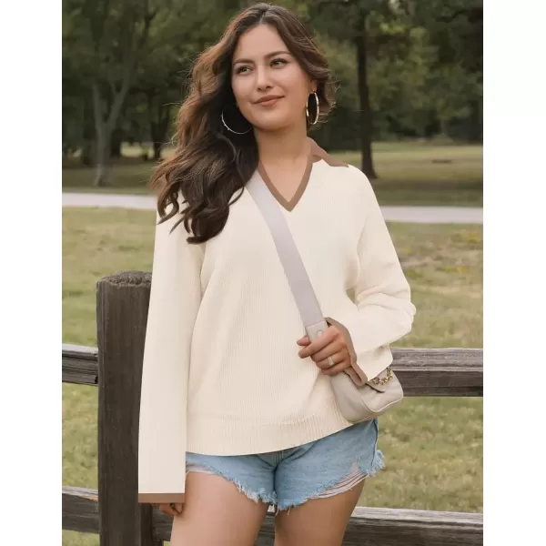imageZESICA Womens V Neck Sweater 2024 Long Sleeve Oversized Casual Collared Knit Pullover Jumper TopsCream