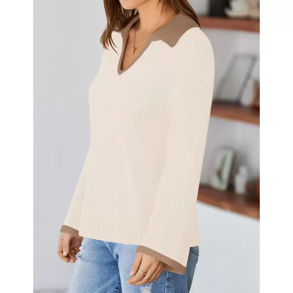 imageZESICA Womens V Neck Sweater 2024 Long Sleeve Oversized Casual Collared Knit Pullover Jumper TopsCream