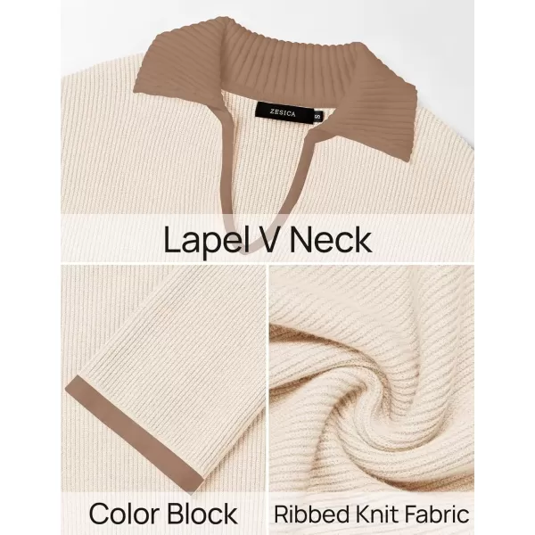 imageZESICA Womens V Neck Sweater 2024 Long Sleeve Oversized Casual Collared Knit Pullover Jumper TopsCream