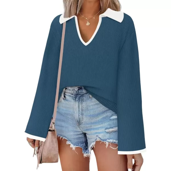 imageZESICA Womens V Neck Sweater 2024 Long Sleeve Oversized Casual Collared Knit Pullover Jumper TopsDusty Blue