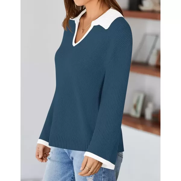 imageZESICA Womens V Neck Sweater 2024 Long Sleeve Oversized Casual Collared Knit Pullover Jumper TopsDusty Blue