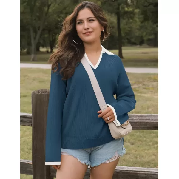 imageZESICA Womens V Neck Sweater 2024 Long Sleeve Oversized Casual Collared Knit Pullover Jumper TopsDusty Blue