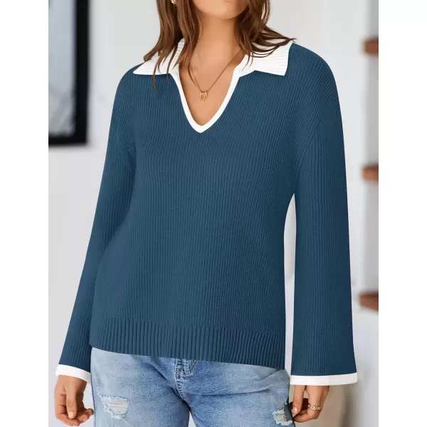 imageZESICA Womens V Neck Sweater 2024 Long Sleeve Oversized Casual Collared Knit Pullover Jumper TopsDusty Blue