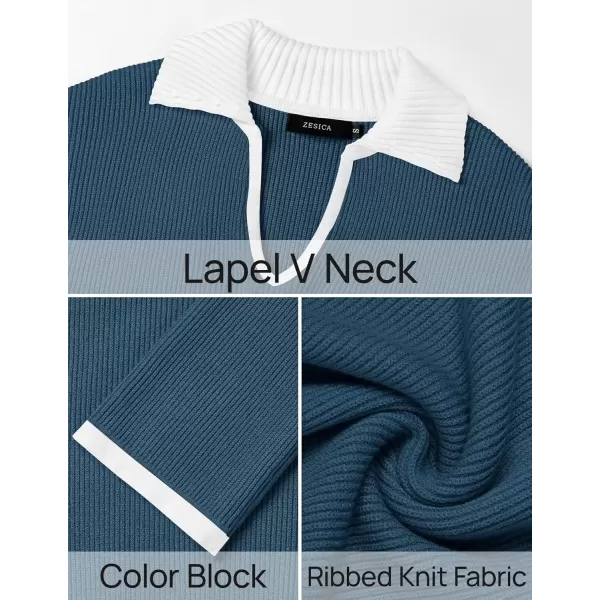 imageZESICA Womens V Neck Sweater 2024 Long Sleeve Oversized Casual Collared Knit Pullover Jumper TopsDusty Blue