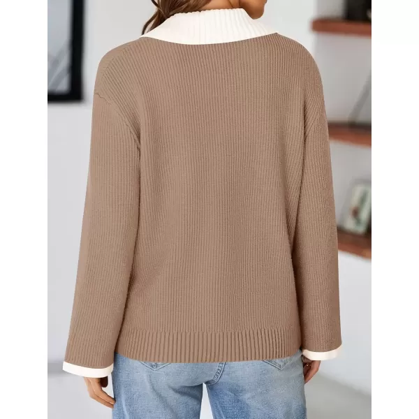 imageZESICA Womens V Neck Sweater 2024 Long Sleeve Oversized Casual Collared Knit Pullover Jumper TopsKhaki