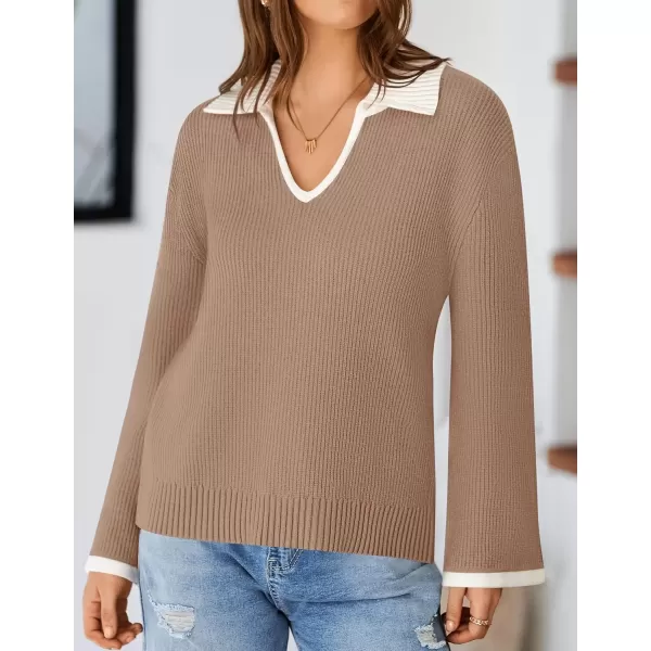 imageZESICA Womens V Neck Sweater 2024 Long Sleeve Oversized Casual Collared Knit Pullover Jumper TopsKhaki