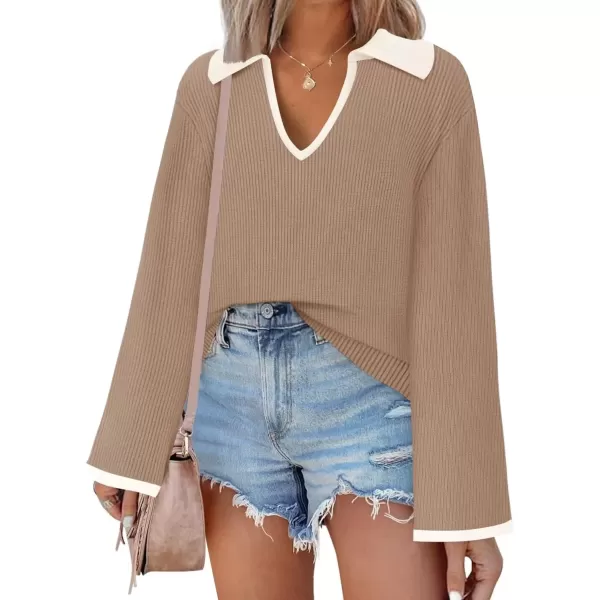 imageZESICA Womens V Neck Sweater 2024 Long Sleeve Oversized Casual Collared Knit Pullover Jumper TopsKhaki