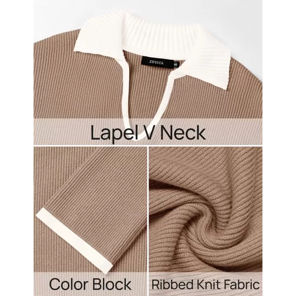 imageZESICA Womens V Neck Sweater 2024 Long Sleeve Oversized Casual Collared Knit Pullover Jumper TopsKhaki