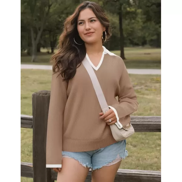 imageZESICA Womens V Neck Sweater 2024 Long Sleeve Oversized Casual Collared Knit Pullover Jumper TopsKhaki
