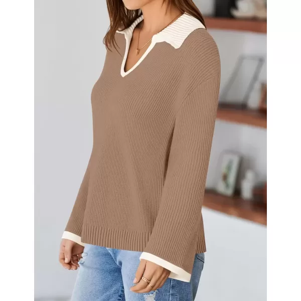 imageZESICA Womens V Neck Sweater 2024 Long Sleeve Oversized Casual Collared Knit Pullover Jumper TopsKhaki