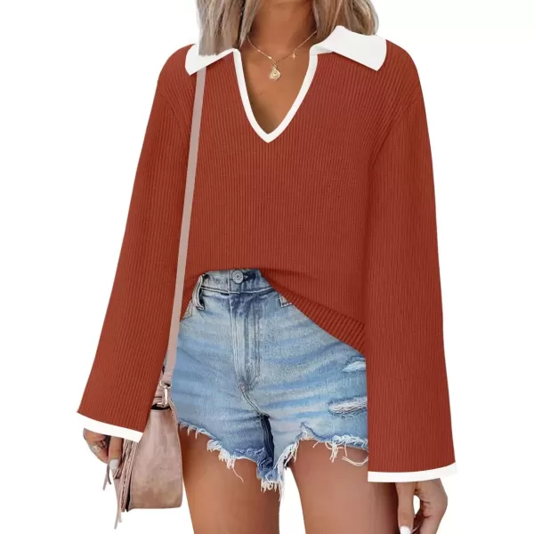 imageZESICA Womens V Neck Sweater 2024 Long Sleeve Oversized Casual Collared Knit Pullover Jumper TopsRust