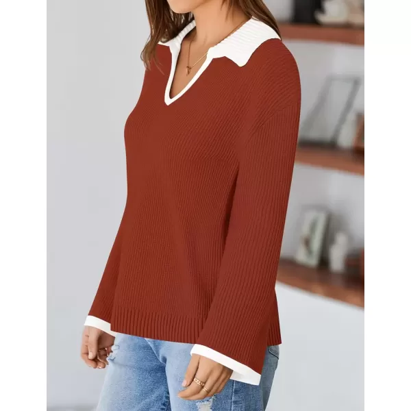 imageZESICA Womens V Neck Sweater 2024 Long Sleeve Oversized Casual Collared Knit Pullover Jumper TopsRust