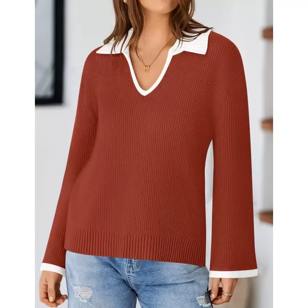 imageZESICA Womens V Neck Sweater 2024 Long Sleeve Oversized Casual Collared Knit Pullover Jumper TopsRust