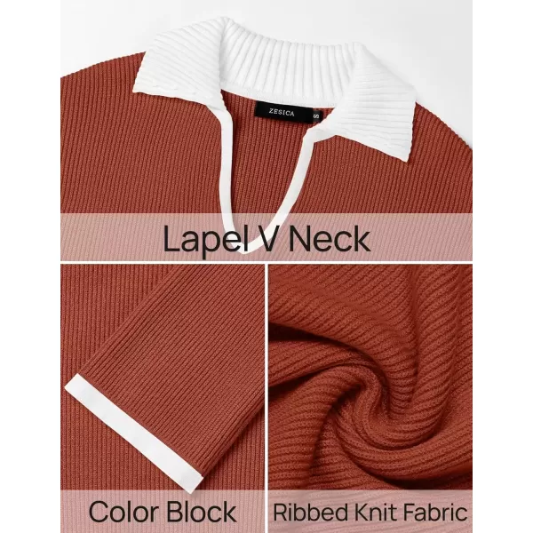 imageZESICA Womens V Neck Sweater 2024 Long Sleeve Oversized Casual Collared Knit Pullover Jumper TopsRust