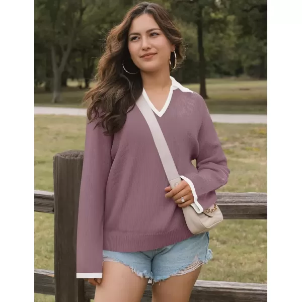 imageZESICA Womens V Neck Sweater 2024 Long Sleeve Oversized Casual Collared Knit Pullover Jumper TopsTaro