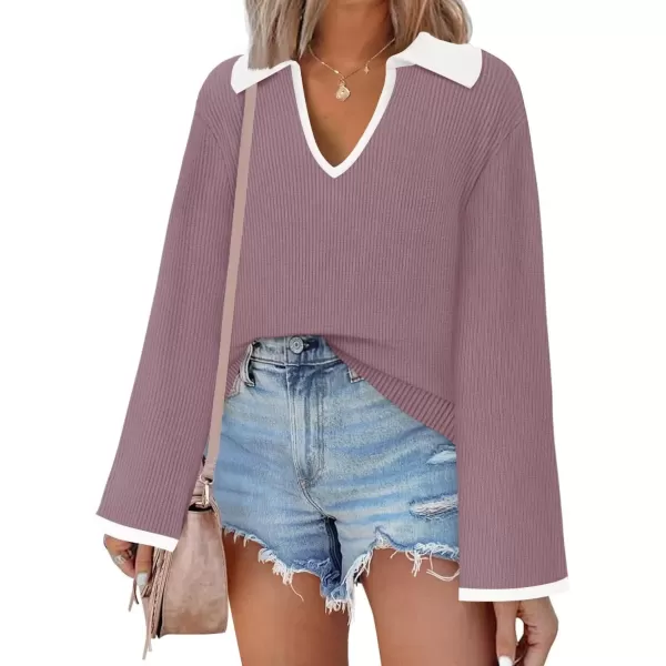 imageZESICA Womens V Neck Sweater 2024 Long Sleeve Oversized Casual Collared Knit Pullover Jumper TopsTaro