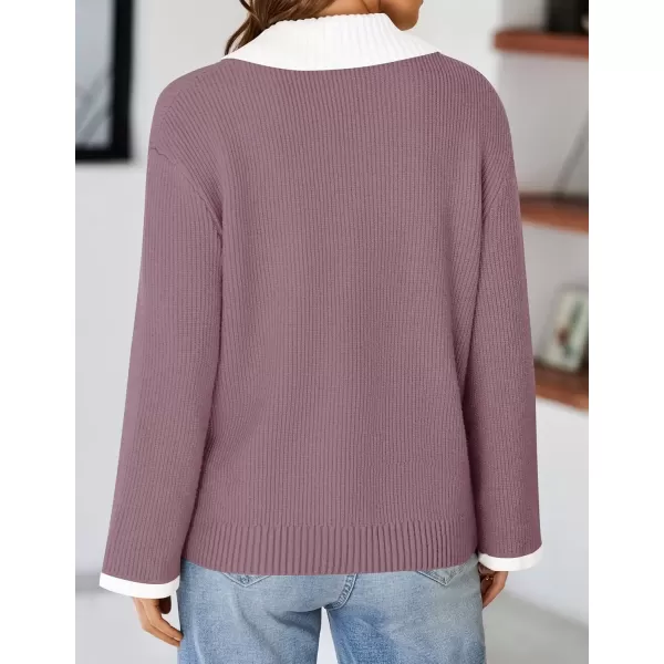 imageZESICA Womens V Neck Sweater 2024 Long Sleeve Oversized Casual Collared Knit Pullover Jumper TopsTaro