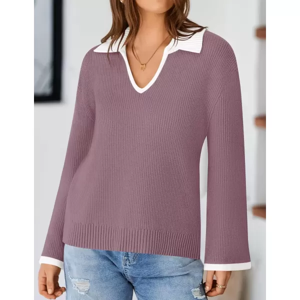 imageZESICA Womens V Neck Sweater 2024 Long Sleeve Oversized Casual Collared Knit Pullover Jumper TopsTaro