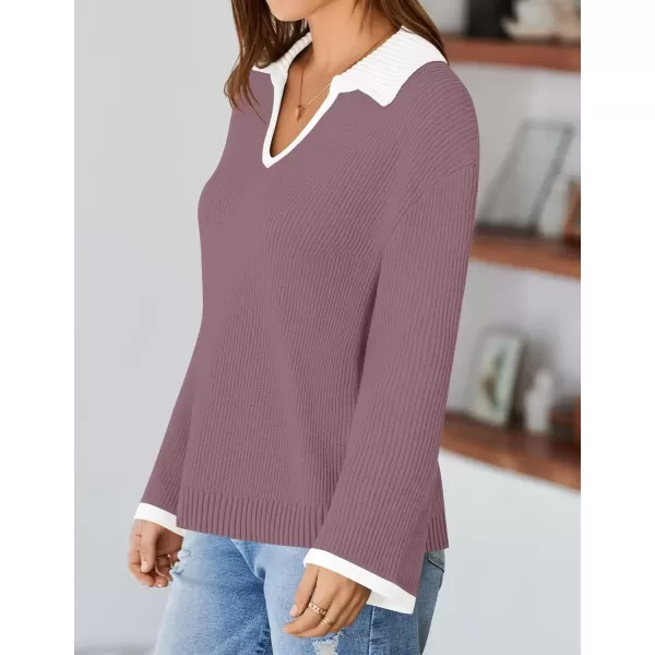 imageZESICA Womens V Neck Sweater 2024 Long Sleeve Oversized Casual Collared Knit Pullover Jumper TopsTaro
