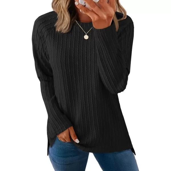 imageZESICA Long Sleeve Shirts for Women Crewneck Side Slit Casual Loose Tunic Tops Lightweight Basic Tee Fashion ClothesBlack