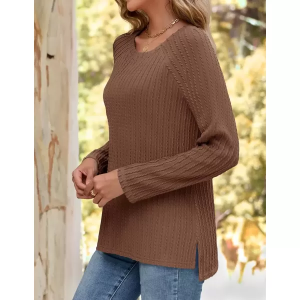 imageZESICA Long Sleeve Shirts for Women Crewneck Side Slit Casual Loose Tunic Tops Lightweight Basic Tee Fashion ClothesBrown