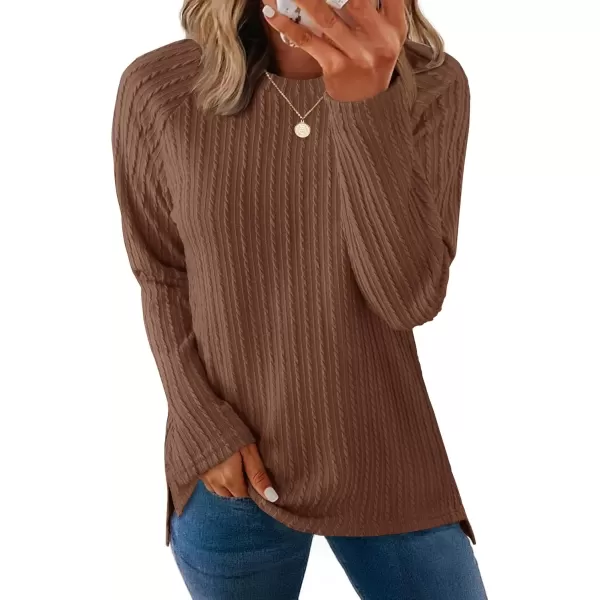 imageZESICA Long Sleeve Shirts for Women Crewneck Side Slit Casual Loose Tunic Tops Lightweight Basic Tee Fashion ClothesBrown