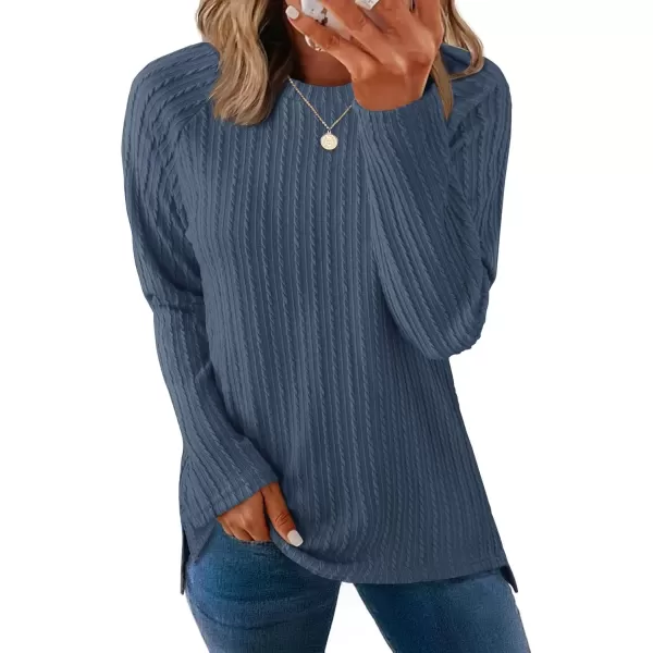 imageZESICA Long Sleeve Shirts for Women Crewneck Side Slit Casual Loose Tunic Tops Lightweight Basic Tee Fashion ClothesDarkblue