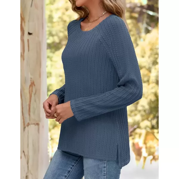 imageZESICA Long Sleeve Shirts for Women Crewneck Side Slit Casual Loose Tunic Tops Lightweight Basic Tee Fashion ClothesDarkblue