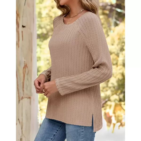 imageZESICA Long Sleeve Shirts for Women Crewneck Side Slit Casual Loose Tunic Tops Lightweight Basic Tee Fashion ClothesKhaki